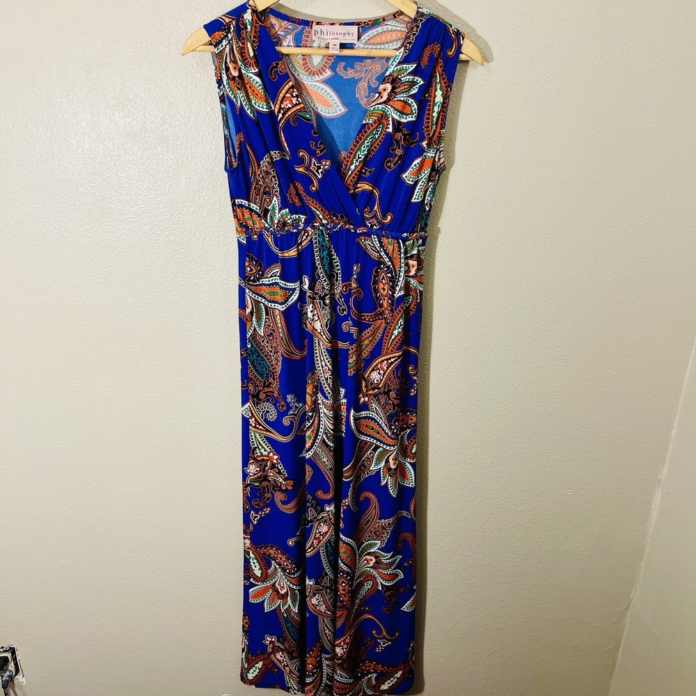 Philosophy Vibrant Floral Paisley Maxi Dress Blue Orange Vacation Cruise Sz M /P